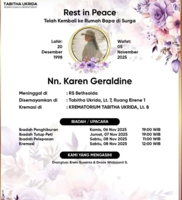 Gadis Cantik Karen Geraldine Meninggal Dunia